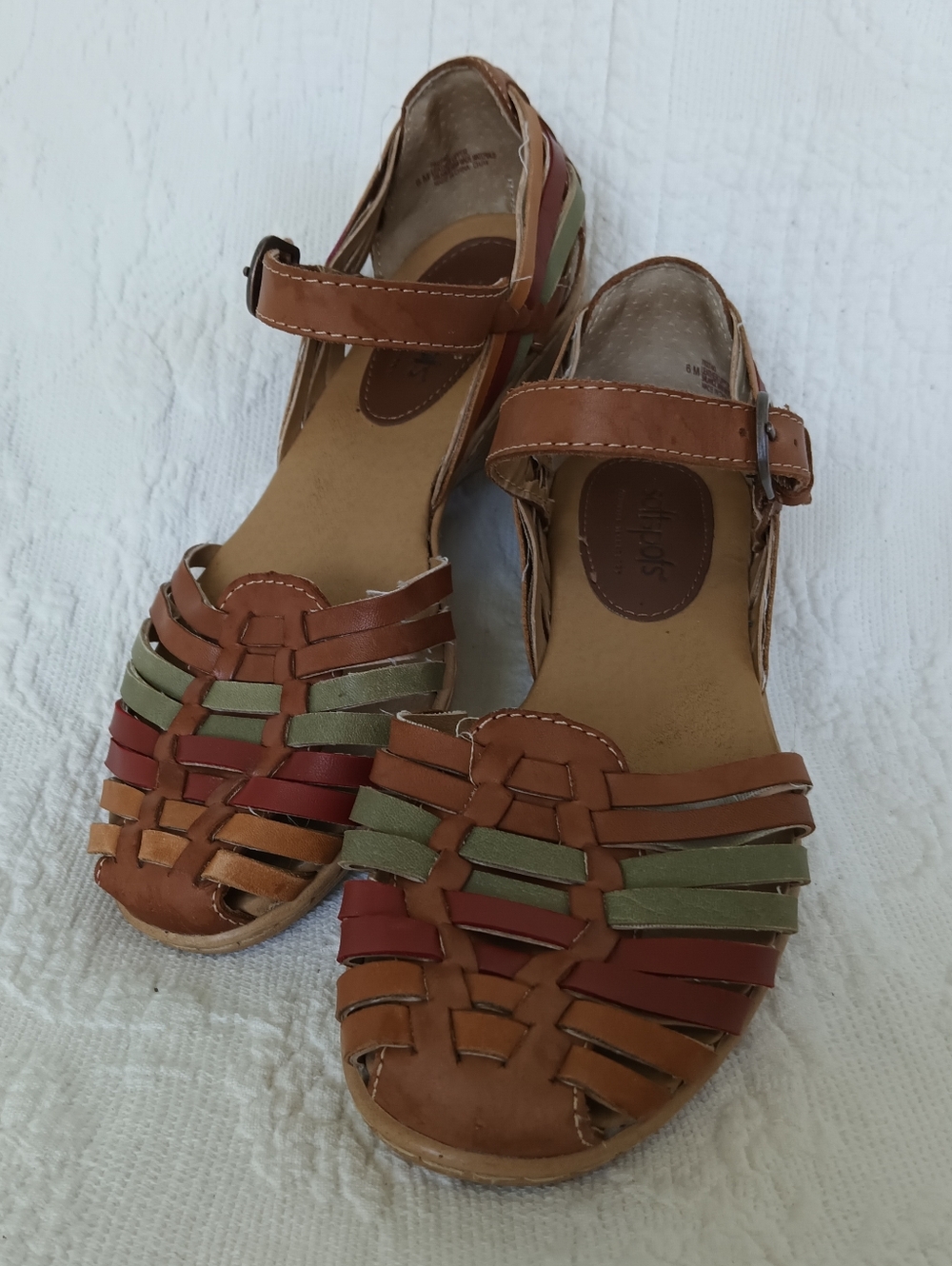 Softspots Brown Multi-Color Woven Leather Sandals Closed Toe Hippie Short Heel 6 - Picture 12 of 13